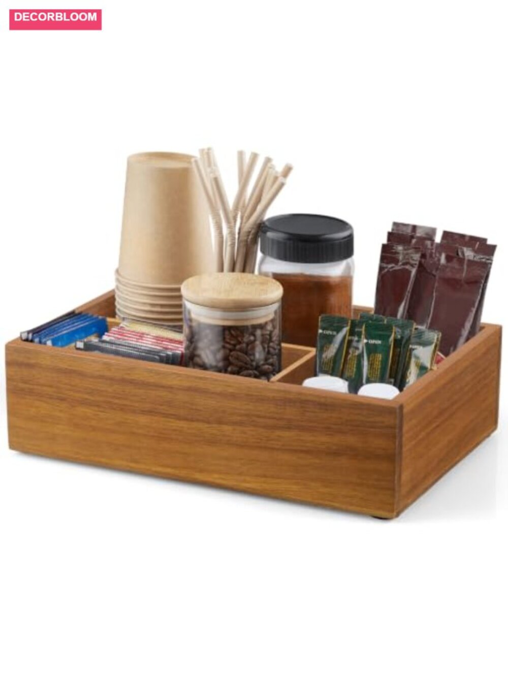 Acacia Wood Coffee Station Organizer Removable Dividers K-Cup Tea Storage